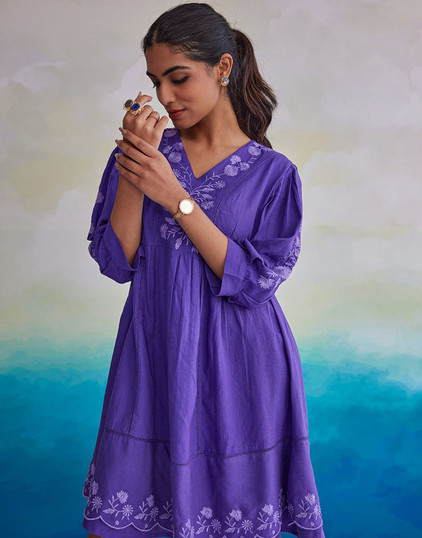 Hanna Purple Embroidered Double Layer Dress
