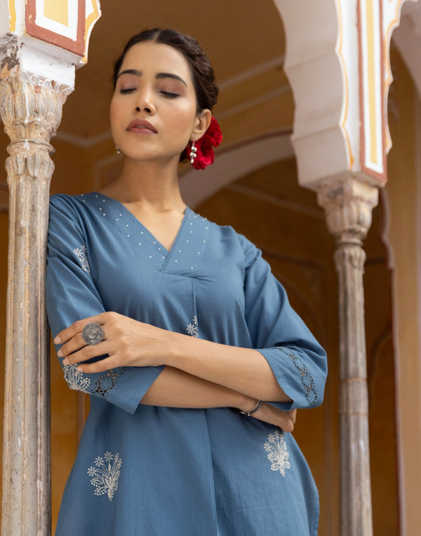 Indu blue embroidered kurta pant set