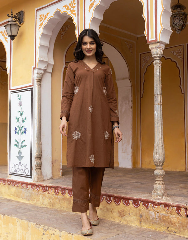 Indu brown embroidered kurta pant set