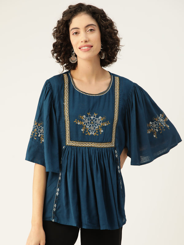 Iris Blue Embroidred Top