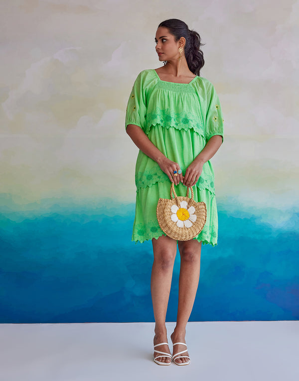 Shira Green Schiffly Embroidered Dress