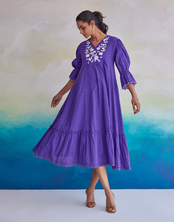 Zaina Purple embroidered Midi Dress