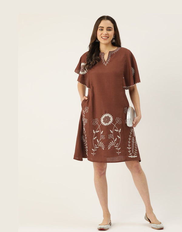Zeeba Brown Embroidered Dress