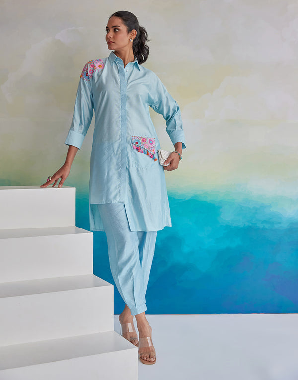 TAARA SKY BLUE EMBROIDERED ASYMMETRIC CO-ORD SET