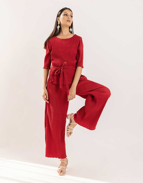 Maya pleated co-ord set in red, set of two