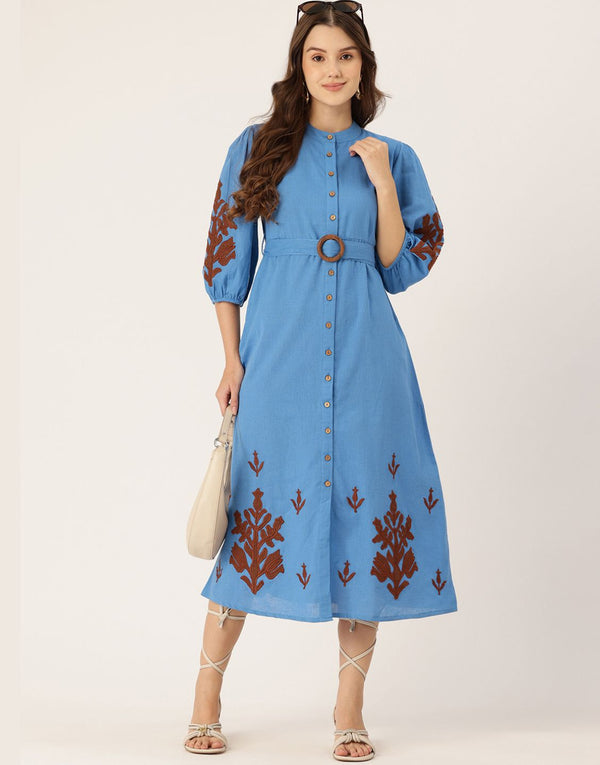 Bonnie blue Embroidered Midi Dress with Button-Down Front