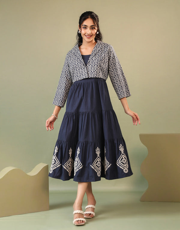 LAYLA BLUE EMBROIDERED DRESS WITH PRINTED JACKET