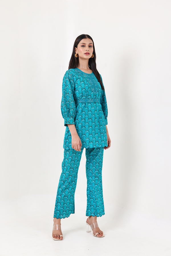 Habibi co-ord set with embroidered detachable belt - Blue