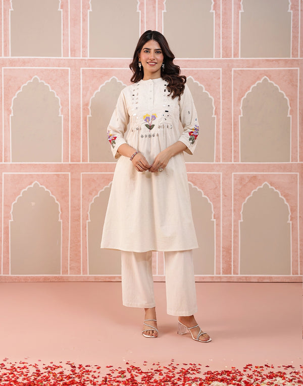 SUNEHRI MIRROR BLOOM OFF-WHITE EMBROIDERED KURTA SET