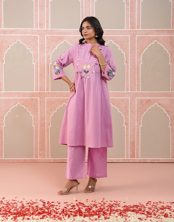 SUNEHRI MIRROR BLOOM PURPLE EMBROIDERED KURTA SET