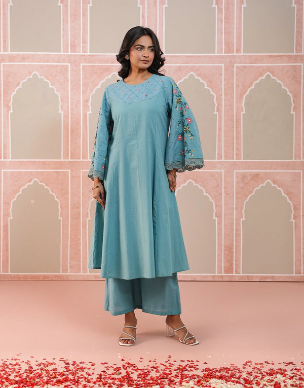 LEENA AQUA BLUE EMBROIDERED KURTA SET