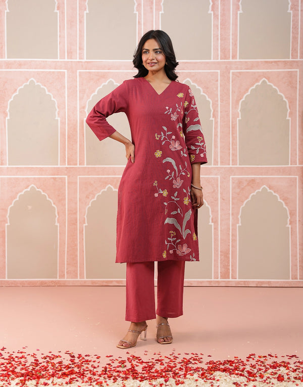 Riva Maroon Embroidered Kurta Set