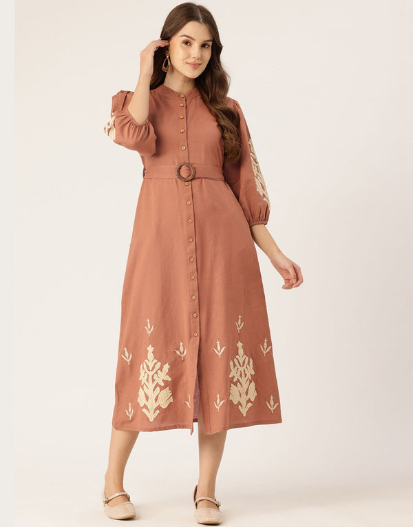Rust Brown Embroidered Belted Midi Dress with Button-Down Front