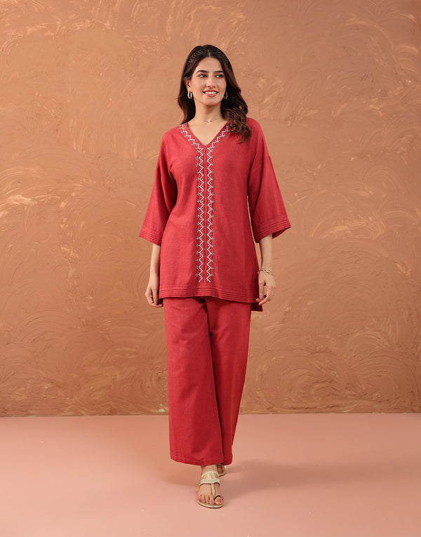 LOUIS RED HAND EMBROIDERED CO-ORD SET