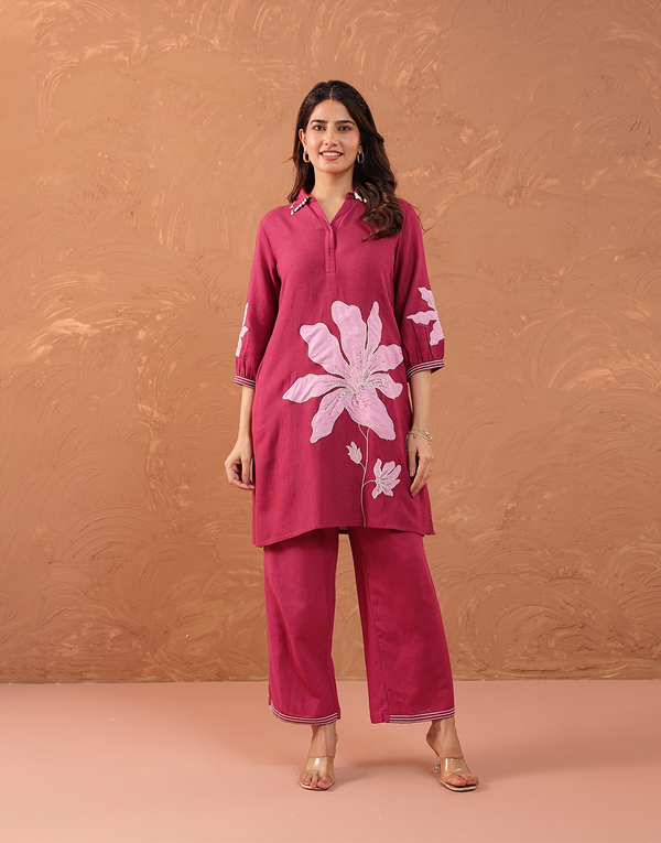 AASHI MAGENTA APPLIQUE EMBROIDERY KURTA SET