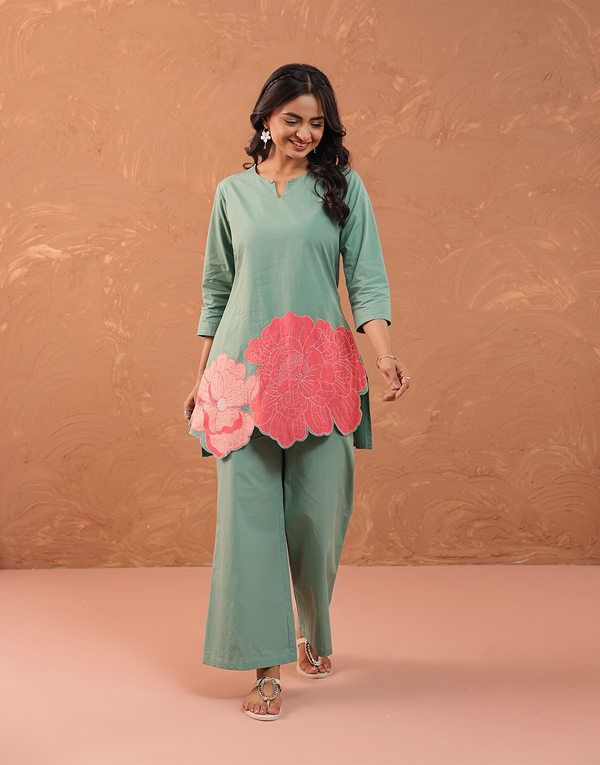 PINK PHOOL EMBROIDERED GREEN CO-ORD SET