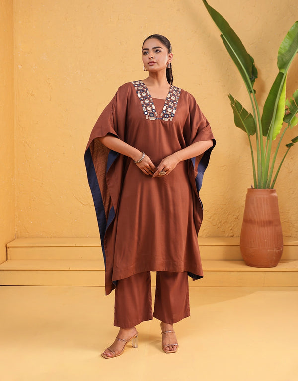 NAIRA BROWN MIRROR WORK KAFTAN SET