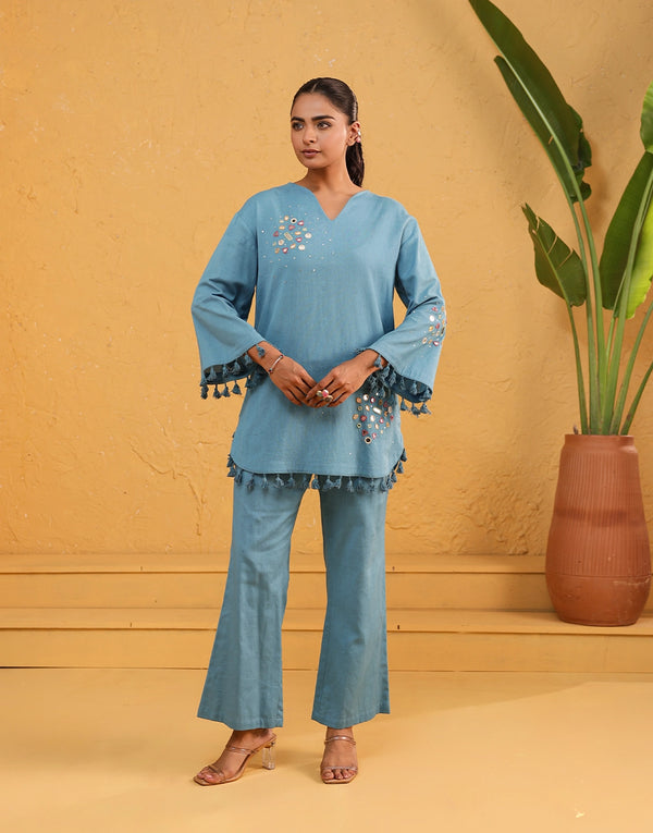 ALORA BLUE EMBROIDERED CO-ORD SET