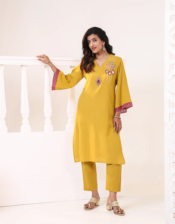 ARUSHI MUSTARD EMBROIDERED KURTA SET