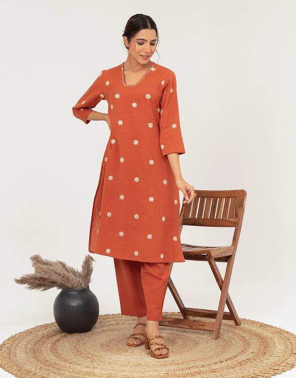 ATISHA RUST EMBROIDERED KURTA SET