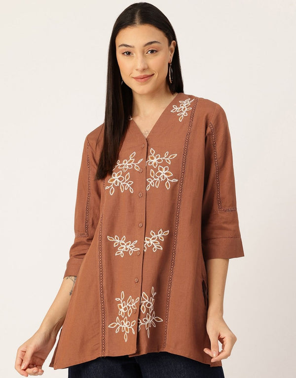 AYRA BROWN EMBROIDERED TOP