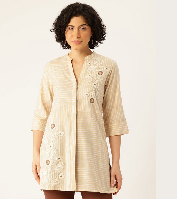 CHAHAR BEIGE WITH WHITE STRIPE EMBROIDERED TOP