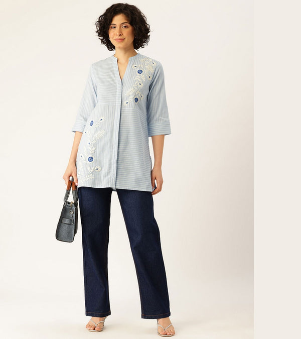 CHAHAR BLUE WITH WHITE STRIPE EMBROIDERED TOP