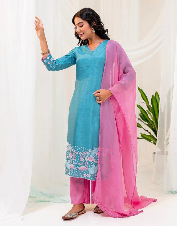 CHITRALEKHA FLAMINGO EMBROIDERED KURTA DUPATTA SET - BLUE