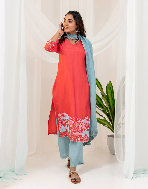 CHITRALEKHA FLAMINGO EMBROIDERED KURTA DUPATTA SET - RED