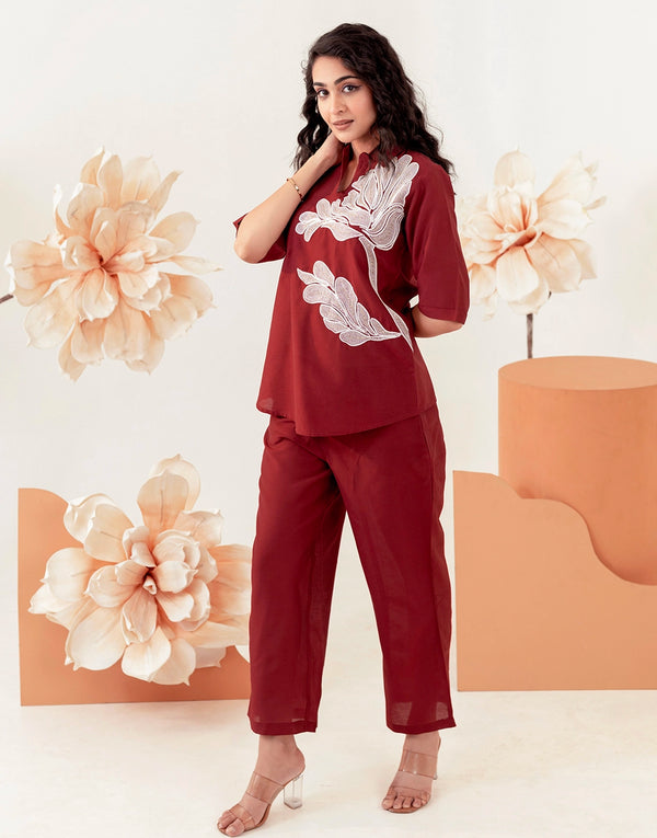 Clara maroon embroidered co-ord set