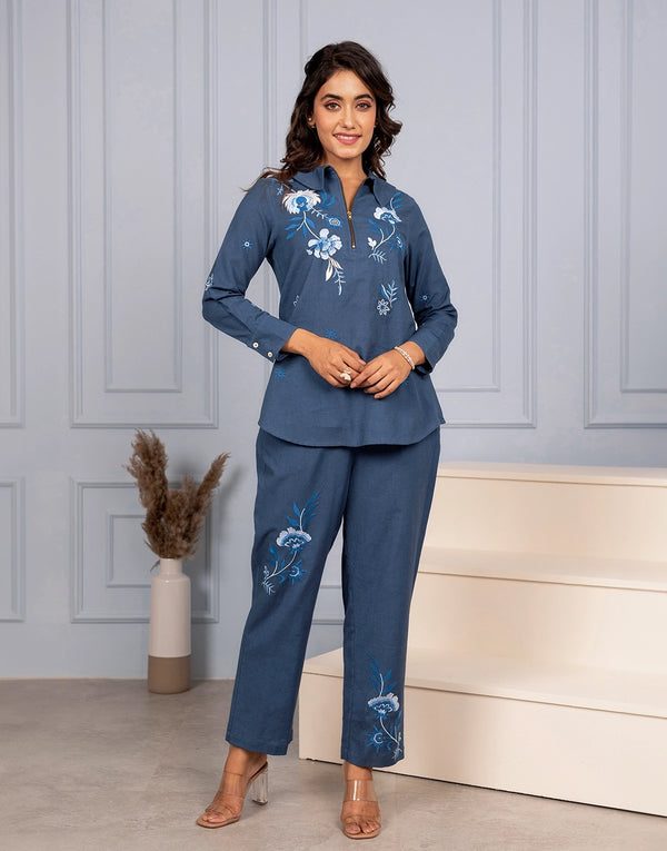 EVILINA  BLUE EMBROIDERED CO-ORD SET