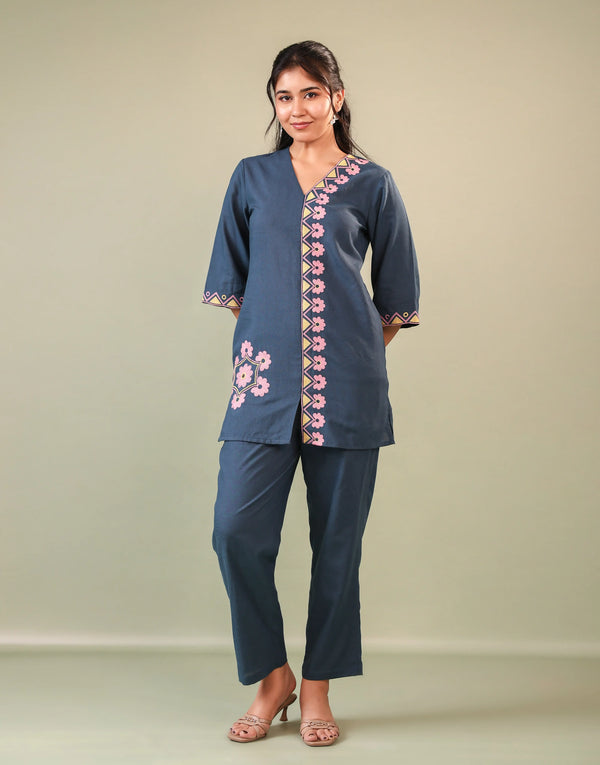FARAH BLUE EMBROIDERED CO-ORD SET