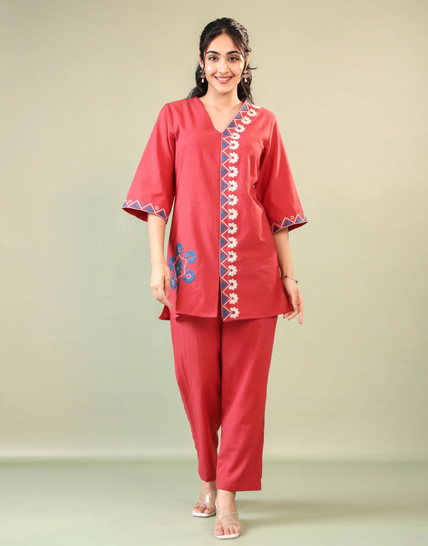 FARAH CORAL EMBROIDERED CO-ORD SET