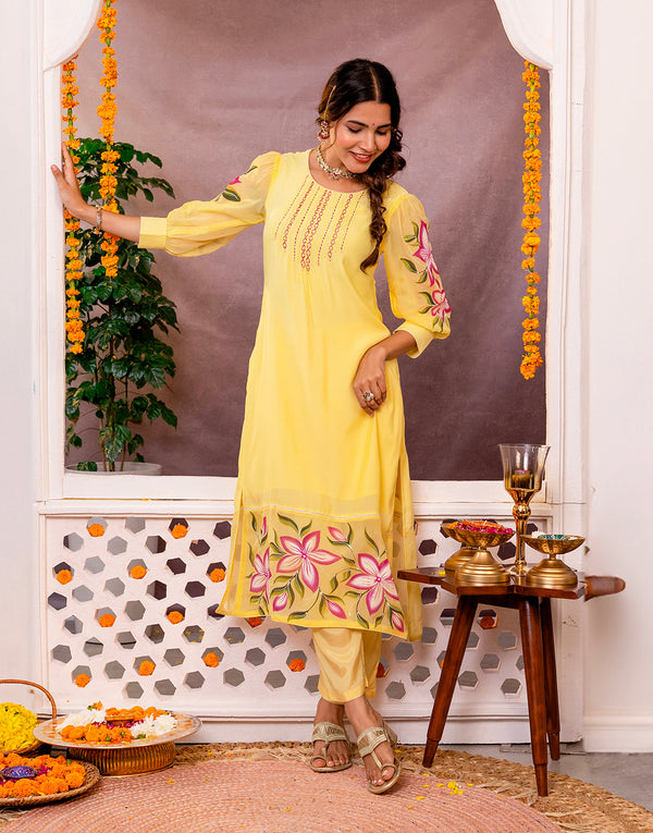 FARIHA YELLOW HAND PAINTED KURTA PANT SET