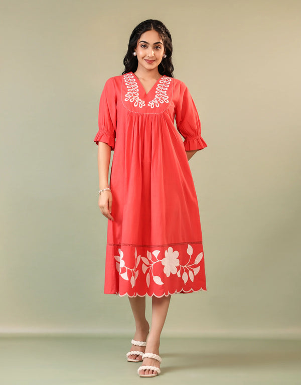 FLORA RED EMBROIDERED DRESS