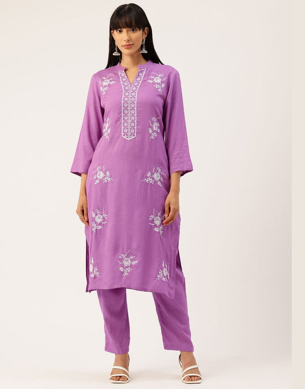 GULBAHAR PURPLE FLORAL EMBROIDERED KURTA SET