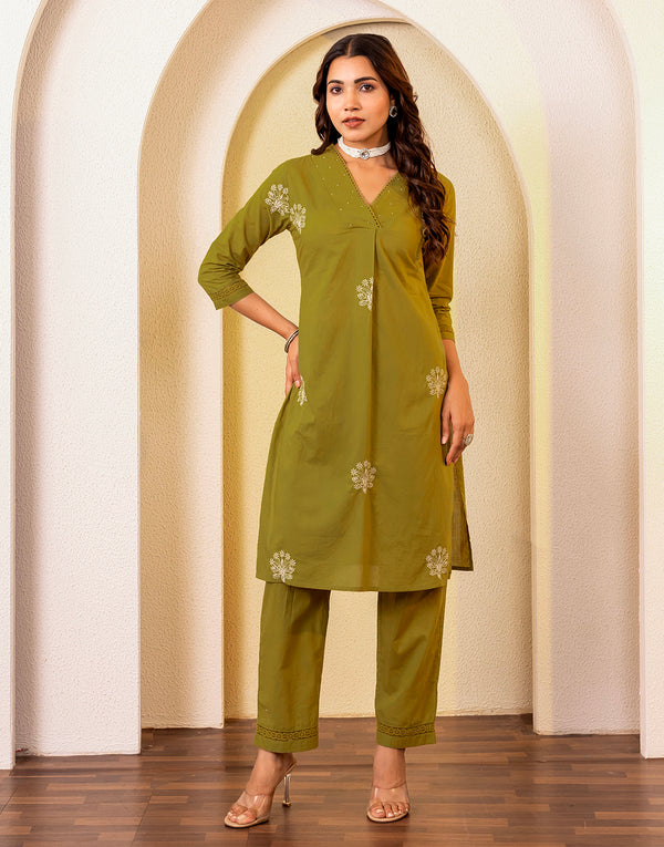 INDU GREEN EMBROIDERED KURTA PANT SET