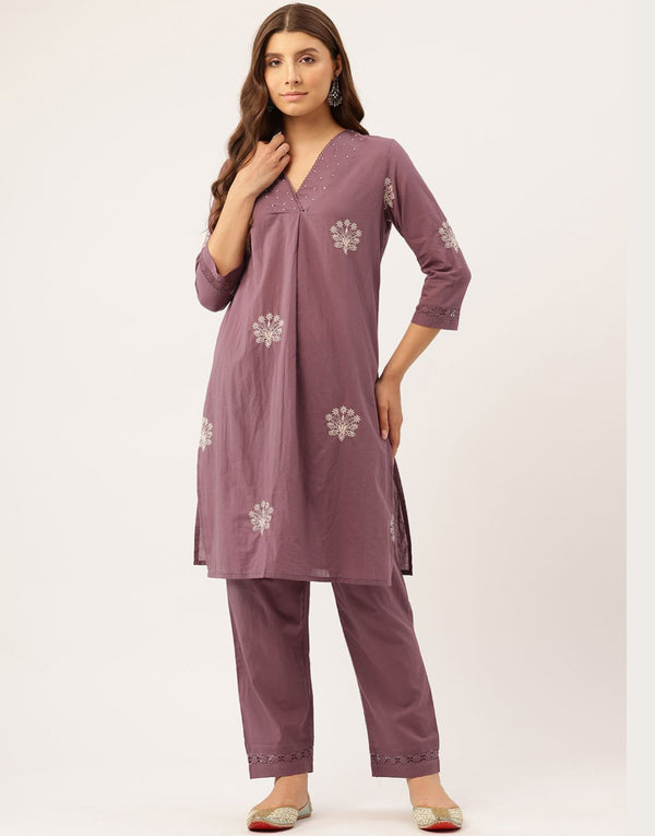 INDU PURPLE EMBROIDERED KURTA PANT SET