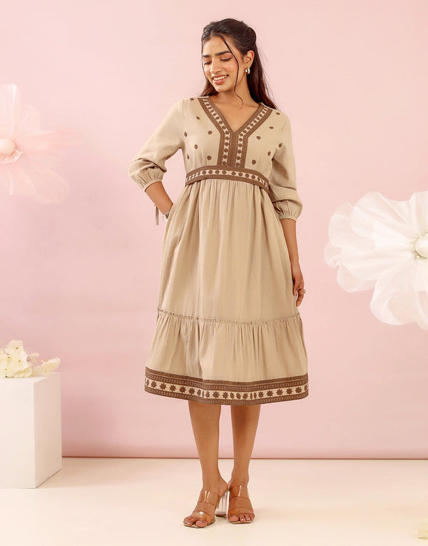 KAIA BEIGE DORI EMBROIDERED MIDI DRESS