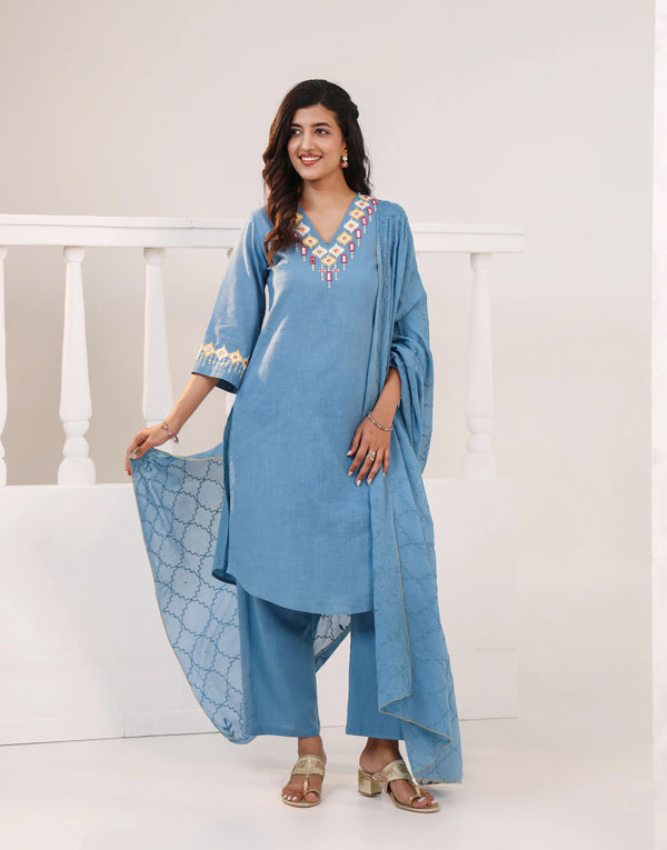 KAVYA BLUE EMBROIDERED 3 PCS SET