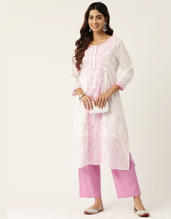 Kirat White Kurta Pant Set With Pink Embroidery