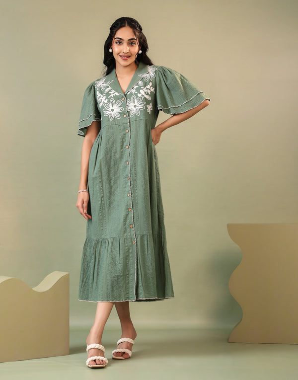 KIYARA GREEN EMBROIDERED DRESS