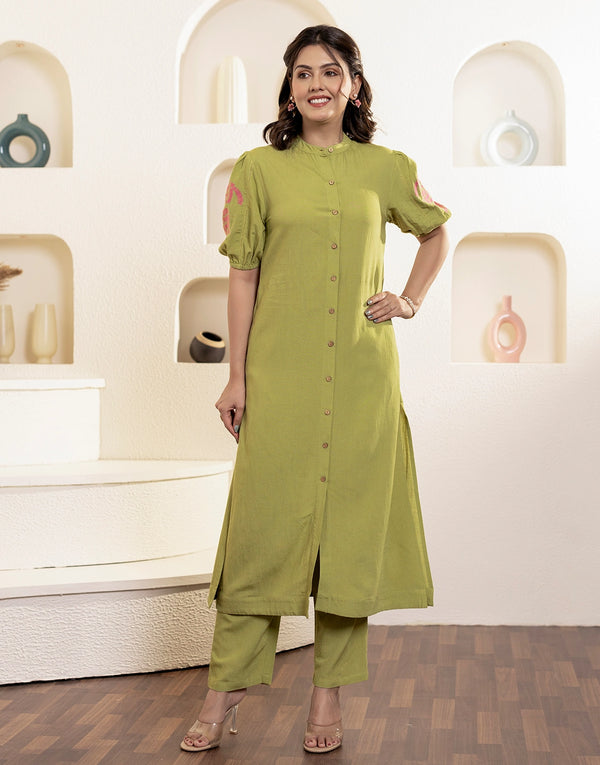 LAMHE EMBROIDERED FRONT OPEN KURTA SET-GREEN