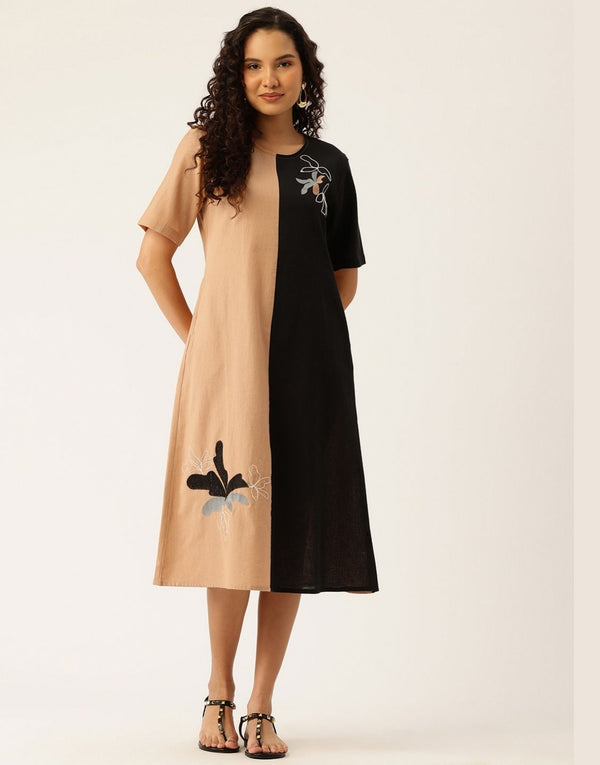LIMA BEIGE AND BLACK COLOUR BLOCKING EMBROIDERED DRESS