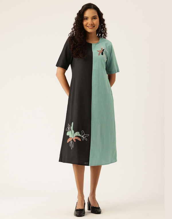 LIMA BLUE AND BLACK COLOUR BLOCKING EMBROIDERED DRESS