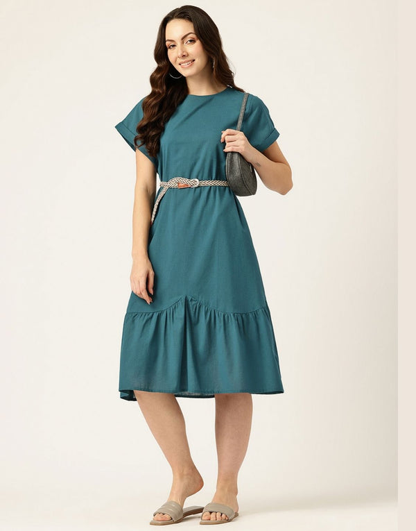 LIMA TEAL BLUE SOLID DRESS WITH BELT