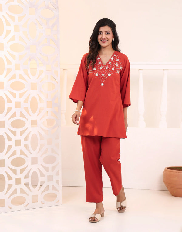 LIYANA RUST EMBROIDERED CO-ORD SET