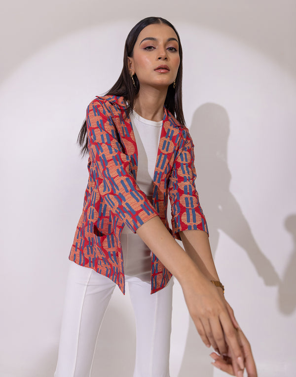 Leela Blazer jacket in red geometric motif print