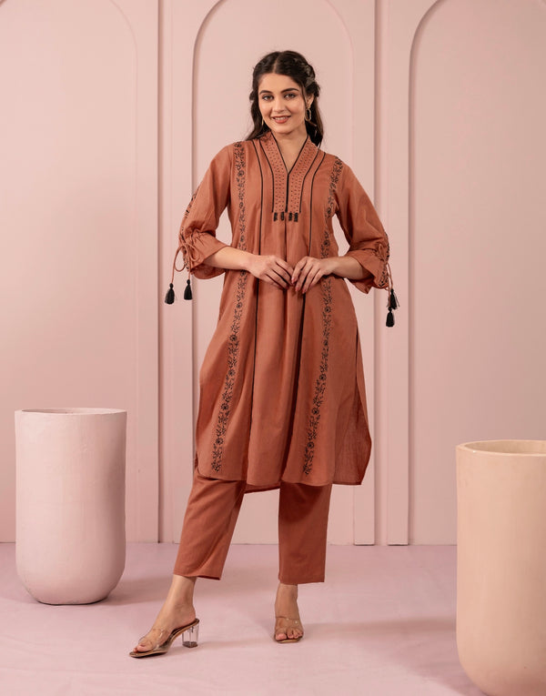 MADHVI BROWN  EMBROIDERED KURTA SET