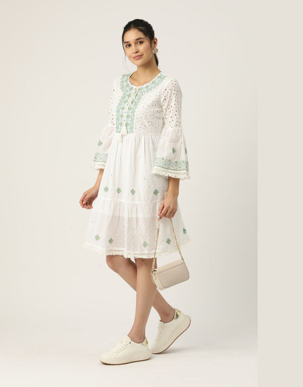 Thumkeshwari white schiffly embroidered dress